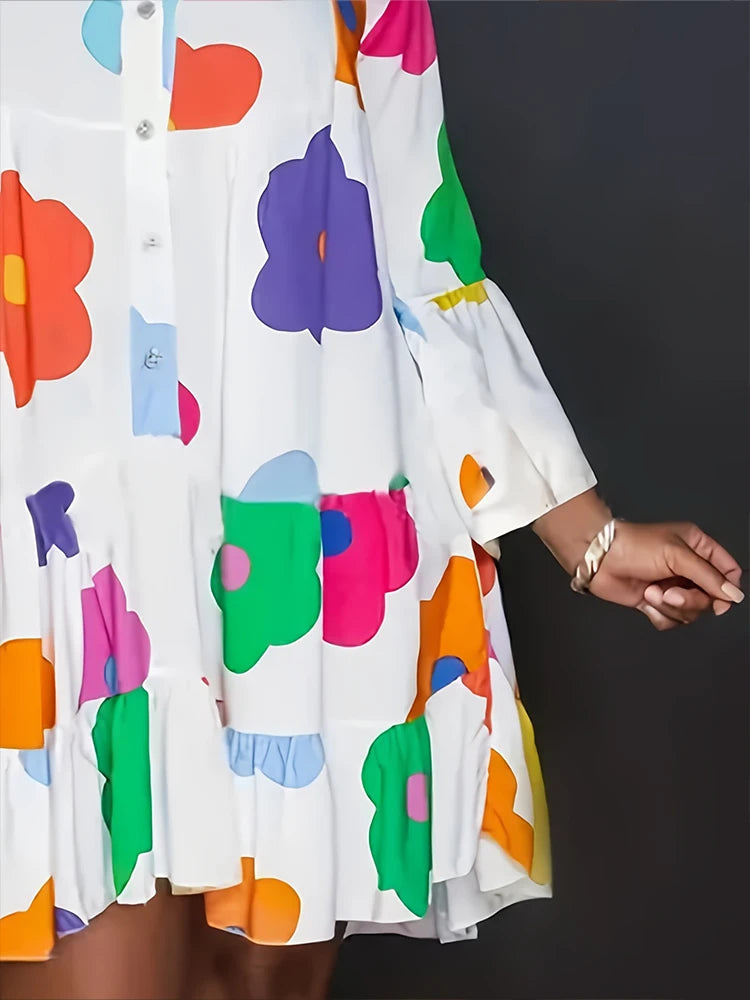 Plus Size 2023 Autumn New Floral Printed Women's Dresses,Casual Loose Button Fashion Streetwear Polyester V-Neck Pleated Dresses