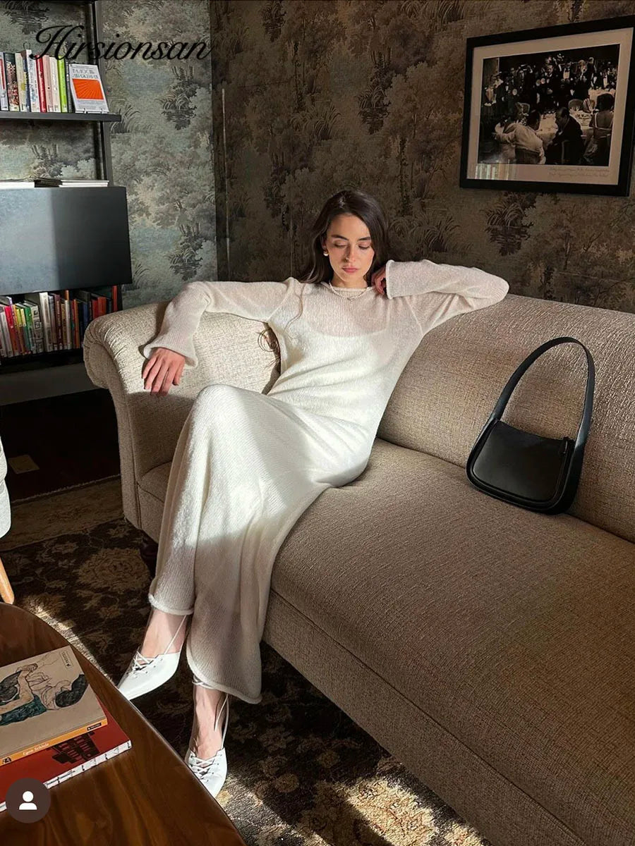 Knitted-Dress Elastic Knit Long Dresses Women Elegant Chic Soft