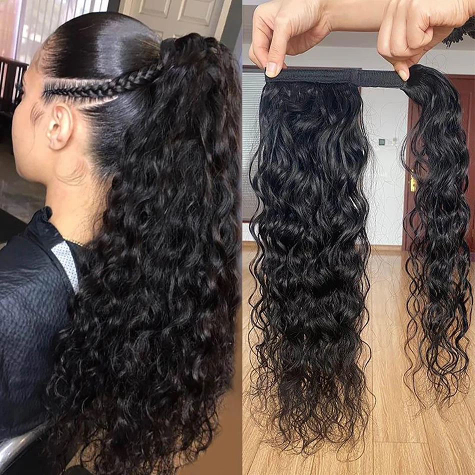 Hair Extensions and Wigs
Water Wave Wrap Around Ponytail Human Hair Extension Drawstring Ponytail Long Pony Tail Clip in Hairpiece For Woman
