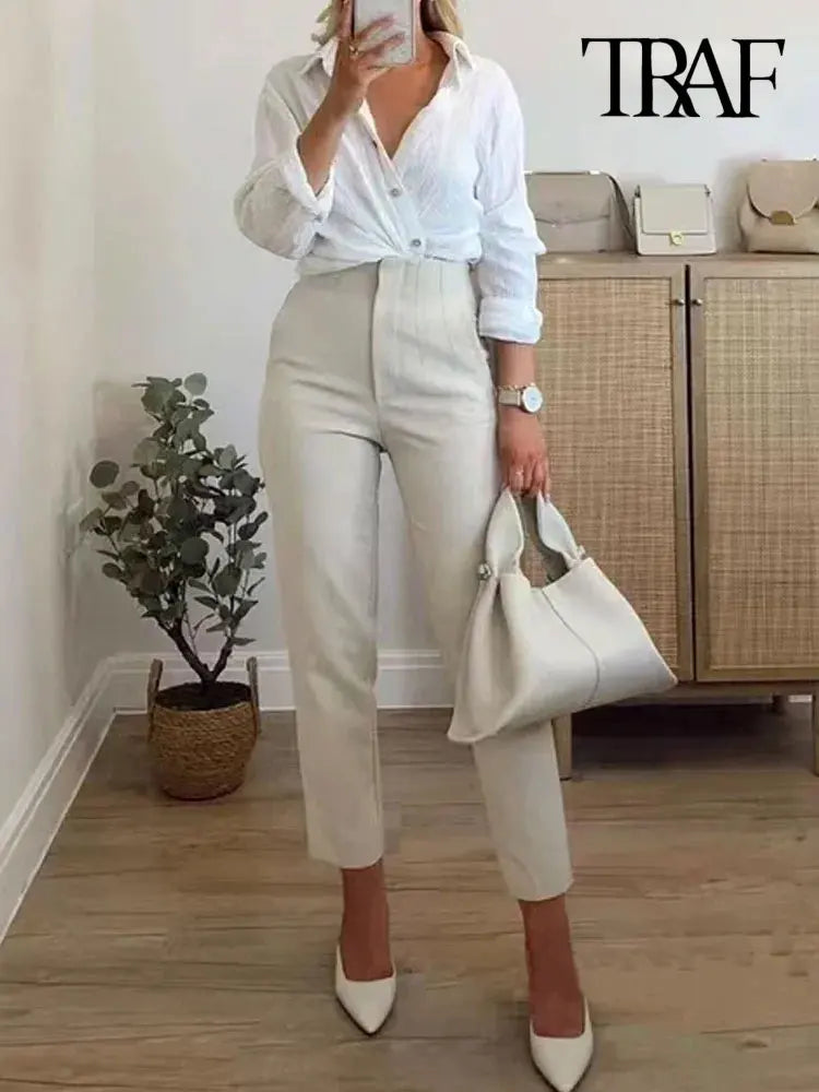Pants Women Fashion With Pockets Casual Basic Solid Pants Vintage High Waist Zipper Fly Female Ankle Trousers Pantalones Mujer