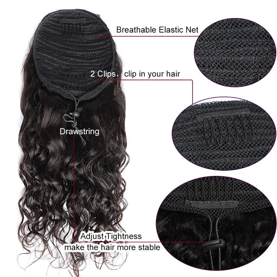 Hair Extensions and Wigs
Water Wave Wrap Around Ponytail Human Hair Extension Drawstring Ponytail Long Pony Tail Clip in Hairpiece For Woman