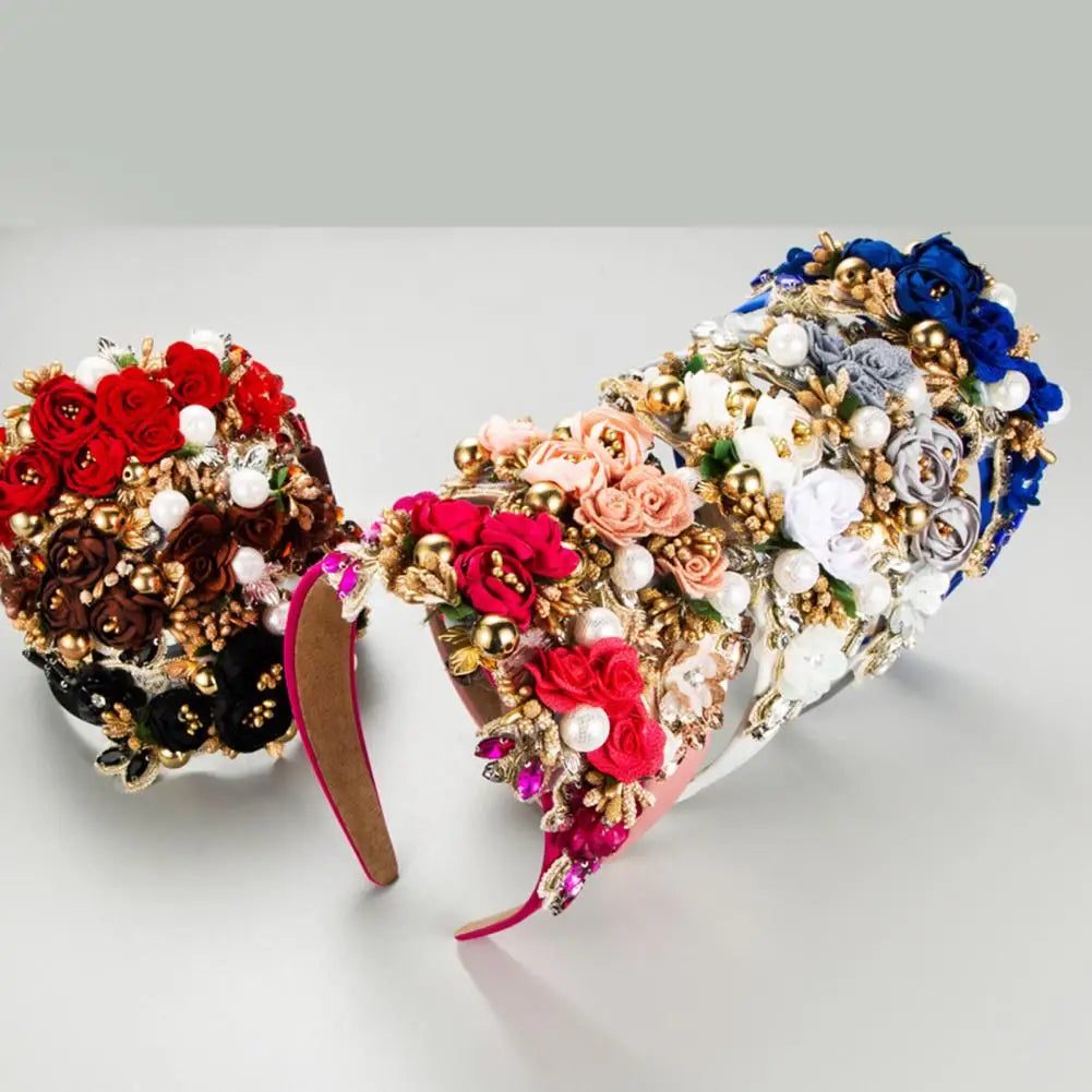 Elegant Look Vintage Headband Wide Vintage Luxury Women's Hair Hoop with Fake Flower Faux Pearl Shiny Rhinestone Decor Colorful Anti-slip