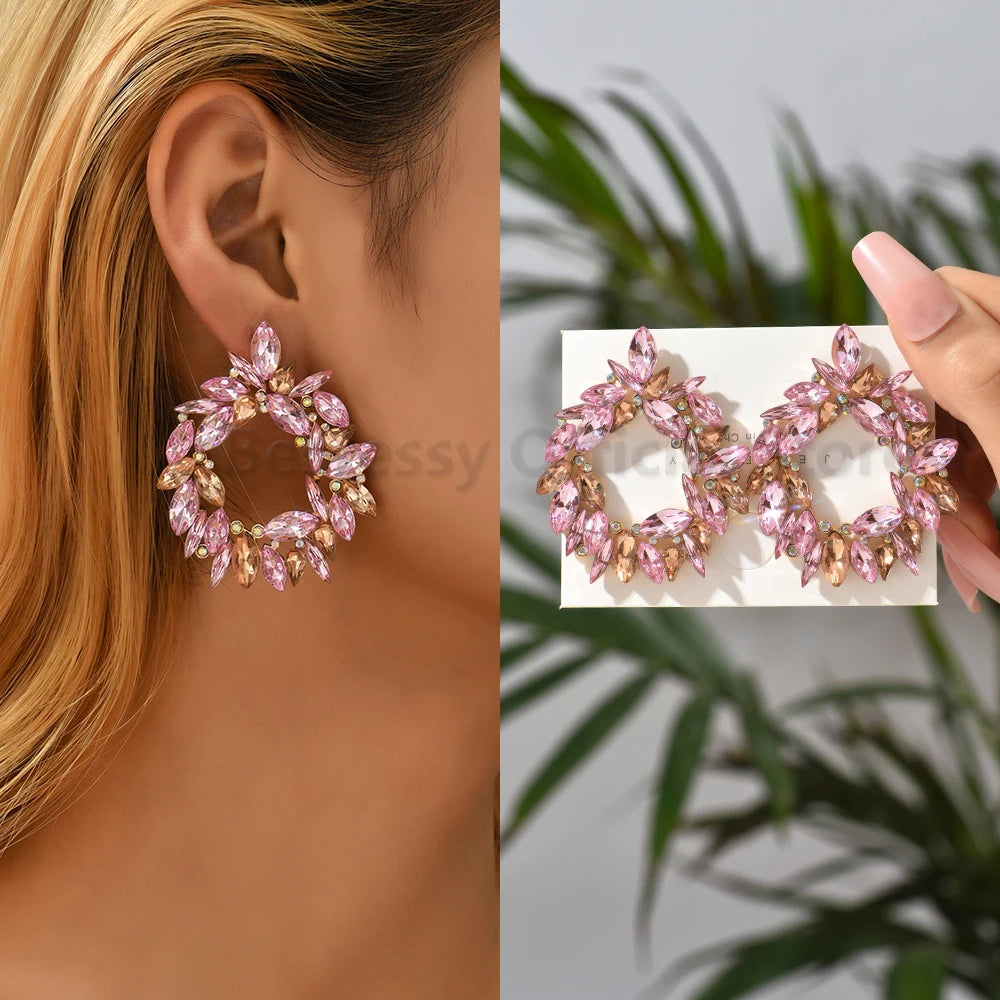 Earring Pink Luxury Crystal Drop Earrings For Women 2023 Trend Flower Petals Feather High Quality Ear Ring Party Romantic Jewelry Gifts