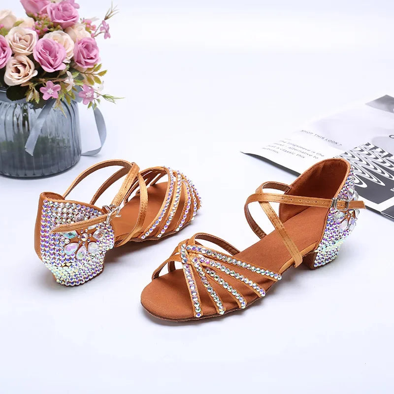 dancers
Women Summer New Water Diamond Latin Shoes Female Satin Artificial 3.5CM Heels Jazz Waltz Tango Modern Ballroom Dance Shoes