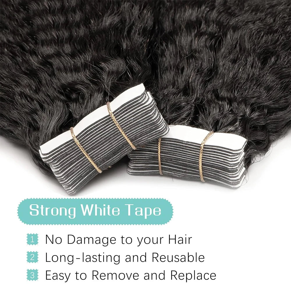 Hair Extensions and Wigs
26 Inches Tape In Hair Extensions Human Hair Kinky Straight Remy Hair 20Pcs 50G Natural Color Real Human Hair Tape In Extensions