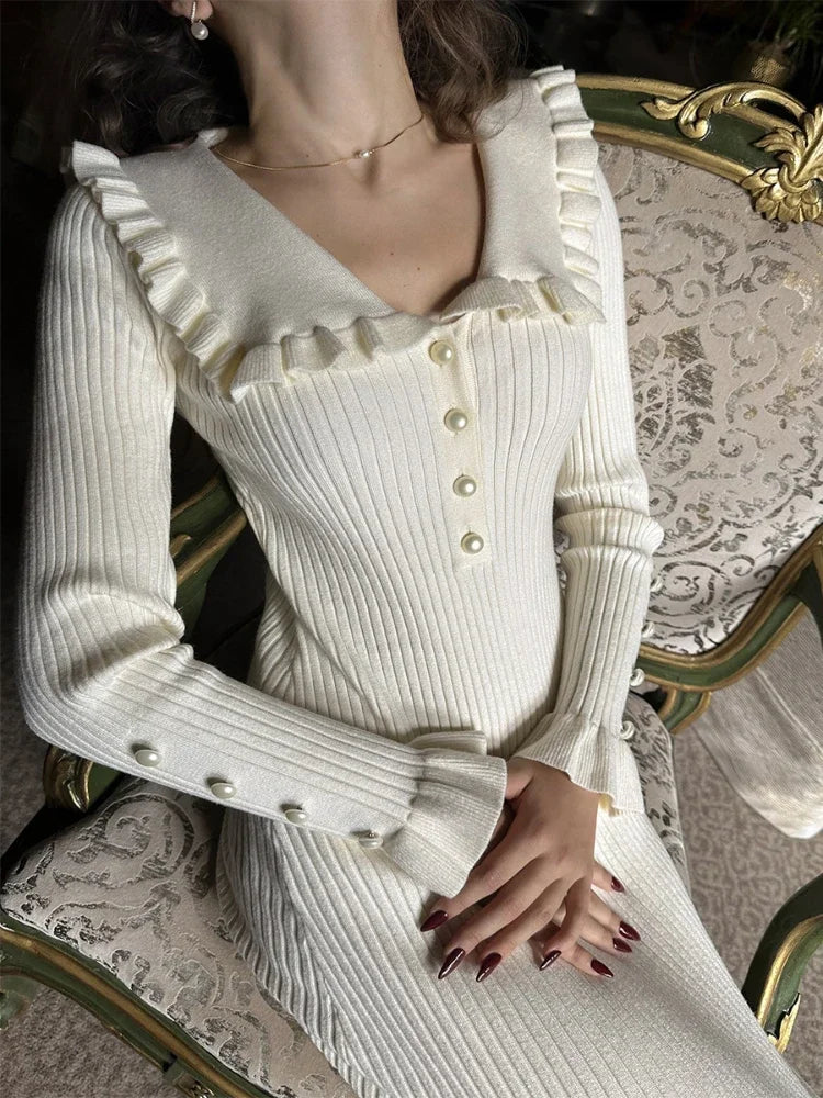 Knitted-Dress High Waist Ruffled Maxi Dresses For Women