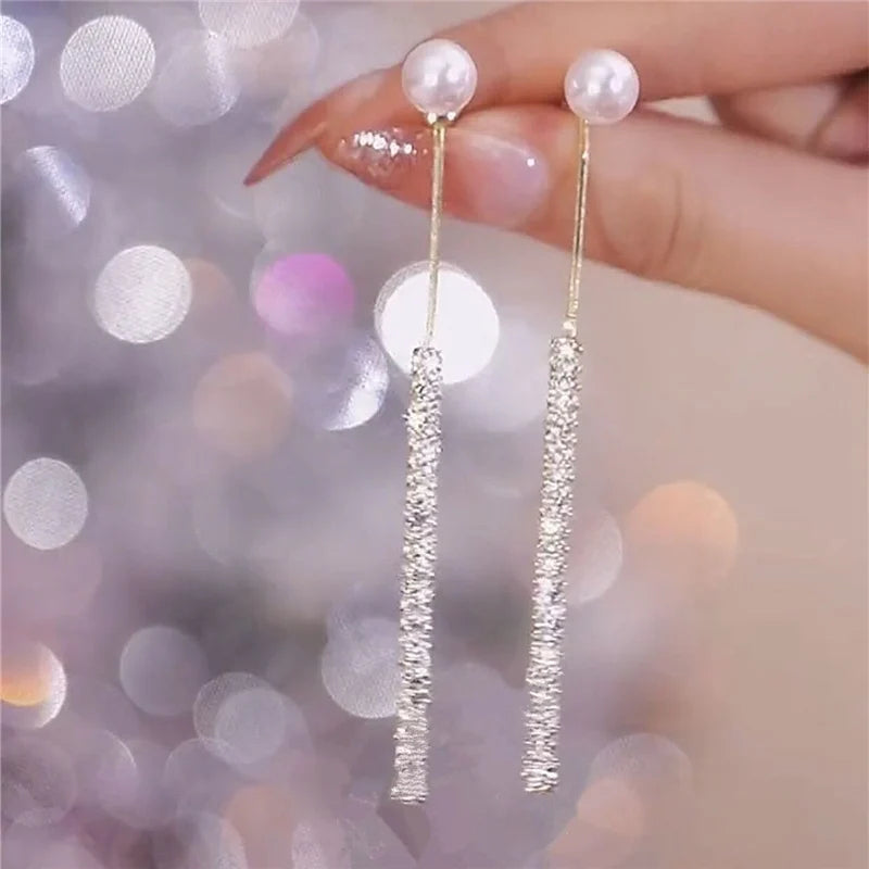 Earring Korean Long Tassel Pearl Dangle Earrings for Women Luxury Full Rhinestone Gold Color Drop Earrings Wedding Party Jewelry Gift