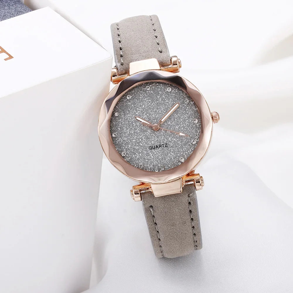 Women Watch Round Face Rhinestone Star Sky Silver Pink Women for Watch Leisure Fashion Trend Frosted Belt Vintage Black Quartz Wristwatch