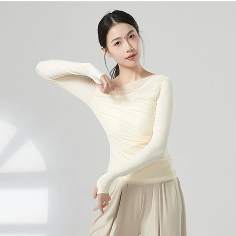 dancers
Modern Line Dance Top Women Long Thumb Finger Sleeve Training Tops Spliced Pleated Mesh Blouse Performance Costume Stage Clothes