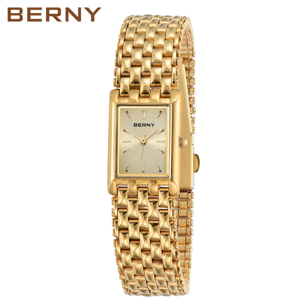 Women Watch BERNY Gold Watch for Women Square Ladies Quartz Wristwatches Stainless Steel Women Small Gold Watch Luxury Casual Fashion Watch