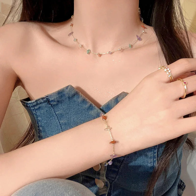 Necklaces Women Trendy Cute Sweet Natural Stone Necklace For Women Girls Summer Simple Crystal Clavicle Chain Choker Necklace New Jewelry Gift
