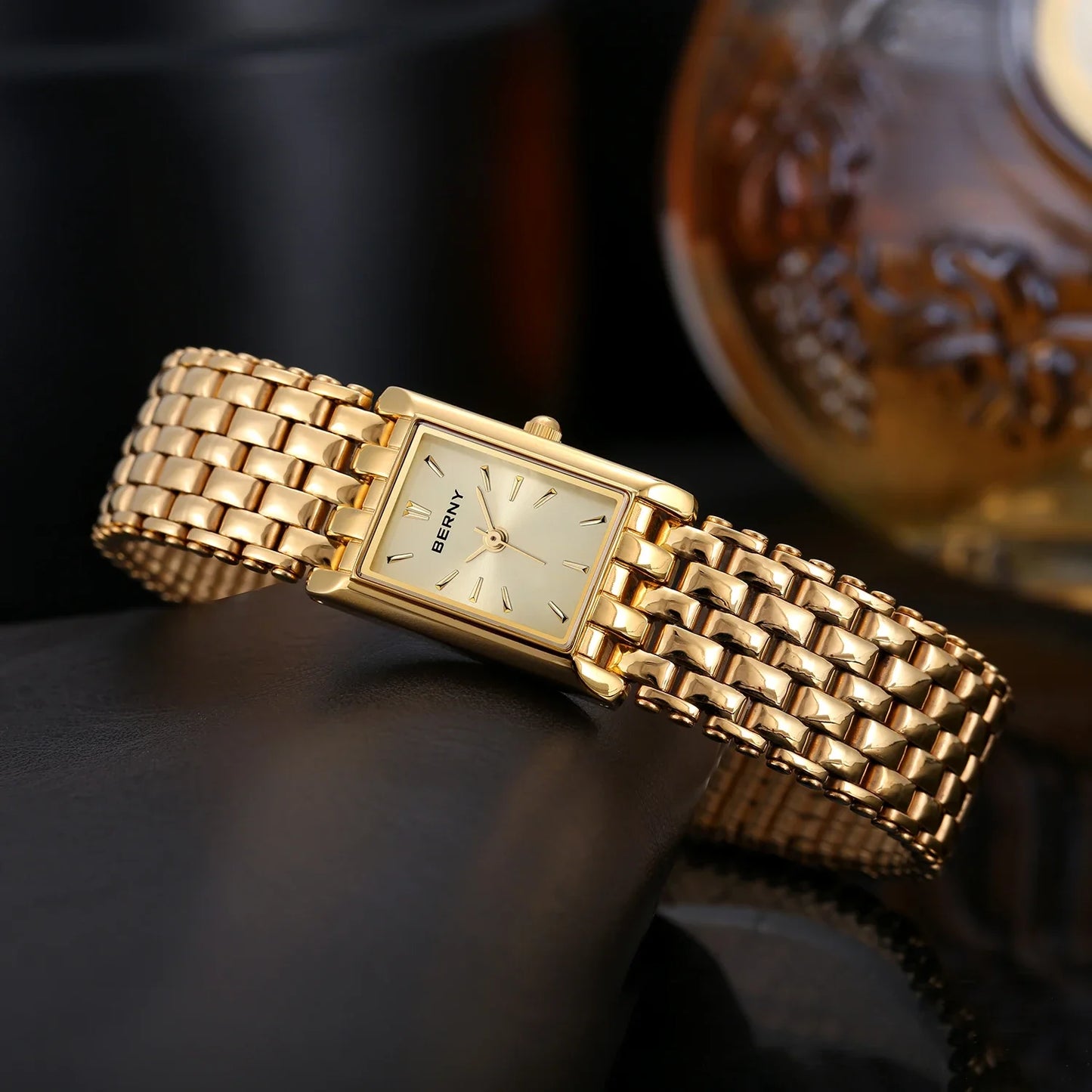 Women Watch BERNY Gold Watch for Women Square Ladies Quartz Wristwatches Stainless Steel Women Small Gold Watch Luxury Casual Fashion Watch