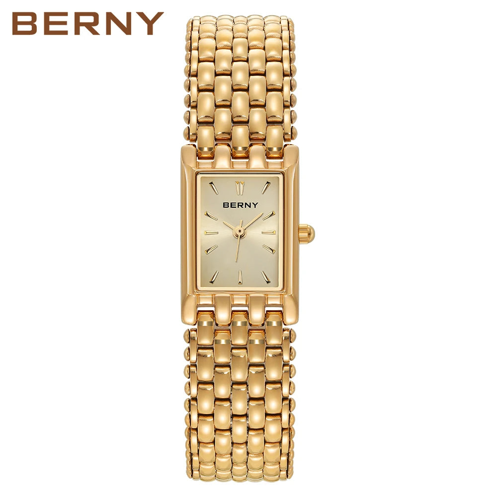 Women Watch BERNY Gold Watch for Women Square Ladies Quartz Wristwatches Stainless Steel Women Small Gold Watch Luxury Casual Fashion Watch