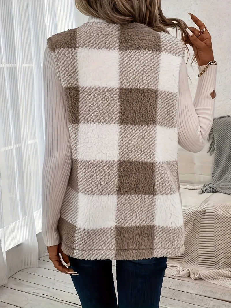 Plus Size 1XL-5XL Casual Jacket Women's Plaid Print Teddy Fleece Open Front Round Neck Vest Jacket