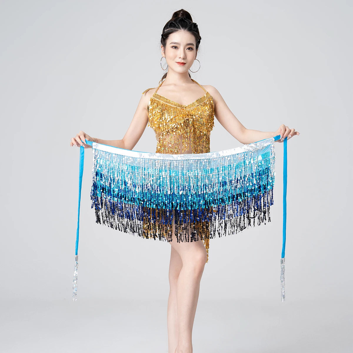 dancers
13 Colors Belly Dancing Tassels Hip Scarfs Women's Belt Accessories 4 Layers New Belly Dancer Belt Shinny Sequin Hip Scarf Lady