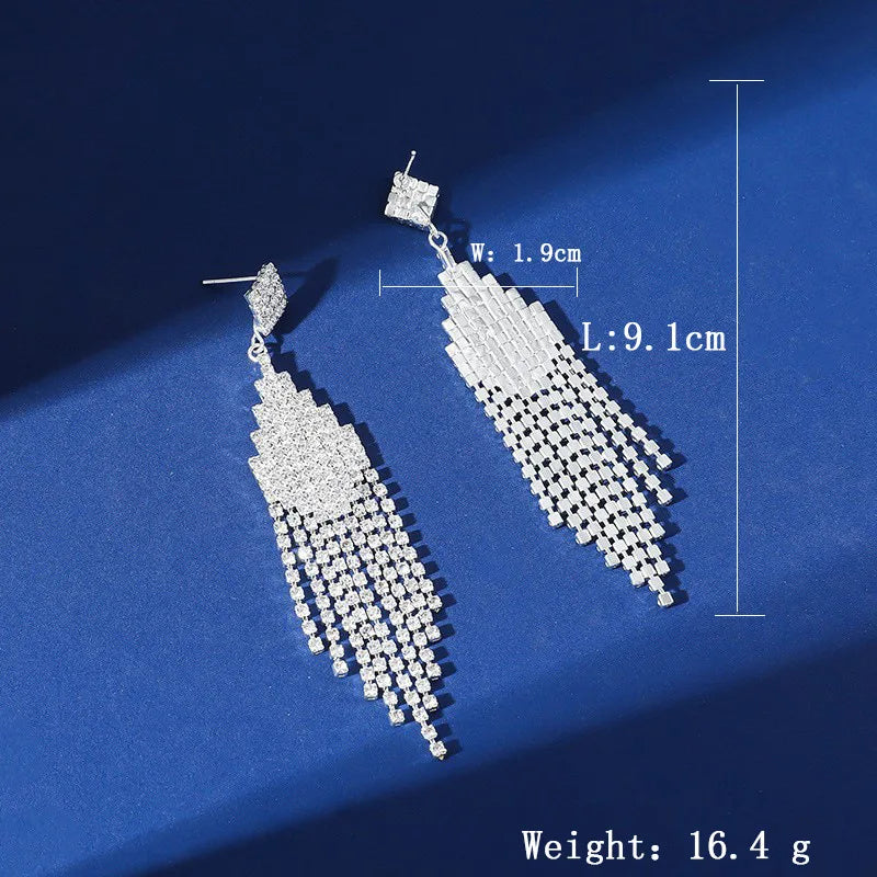 Earring Fashion Long Tassel Crystal Drop Earrings for Women Silver Color Rhinestone Dangle Earring Wedding Party Jewelry