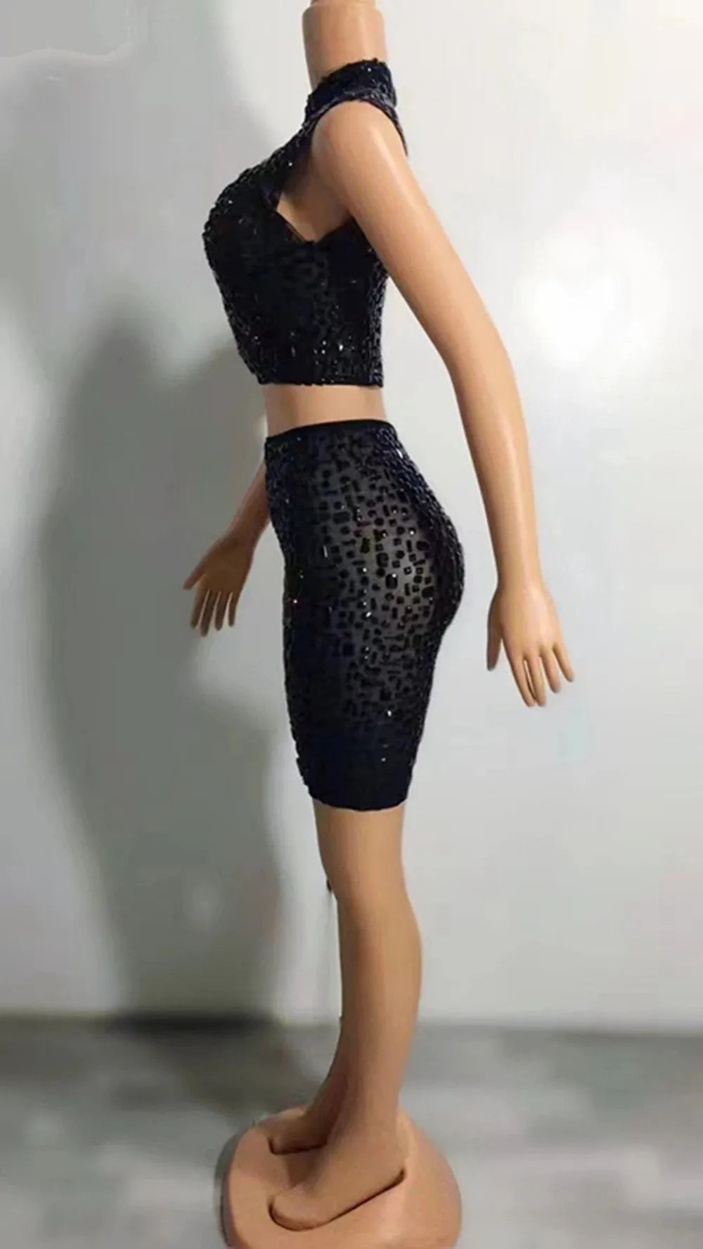 Exotic
Sexy Two Pieces Dress Mesh Transparent Celebrate Evening Prom Party Birthday Dress Women Sparkly Rhinestones Top Short Skirt