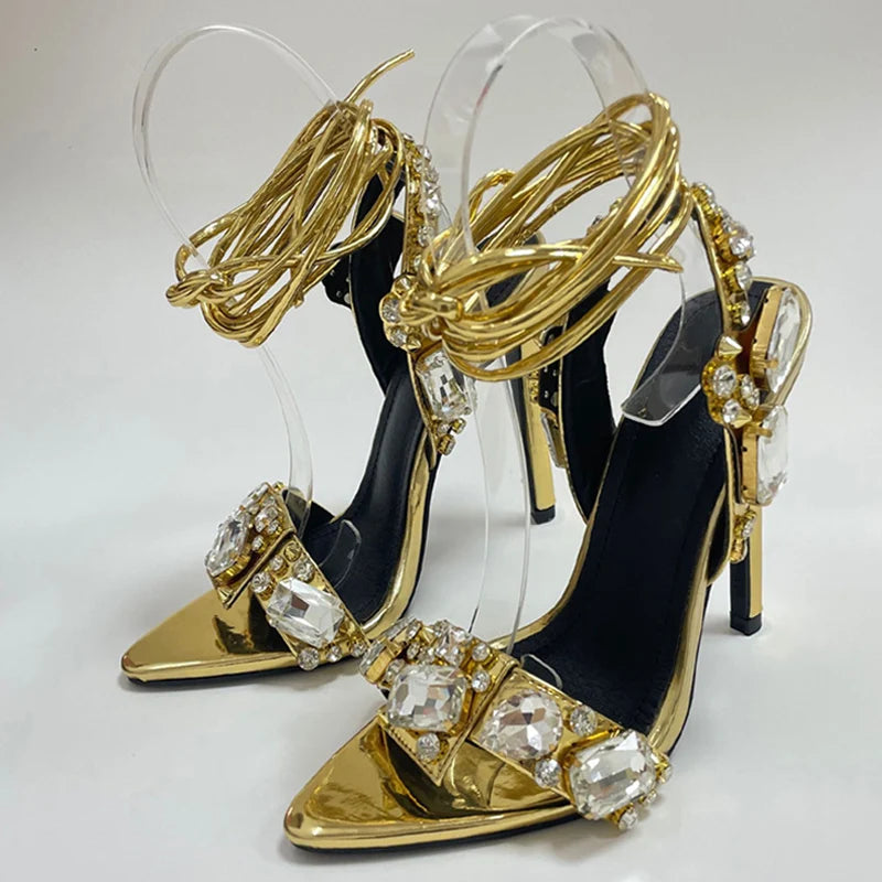 WOMEN SANDALS Sexy Ankle Strap Golded Sandals Women Party Nightclub Stripper Heels High Quality Crystal Diamond Pointed Toe Wedding Shoe