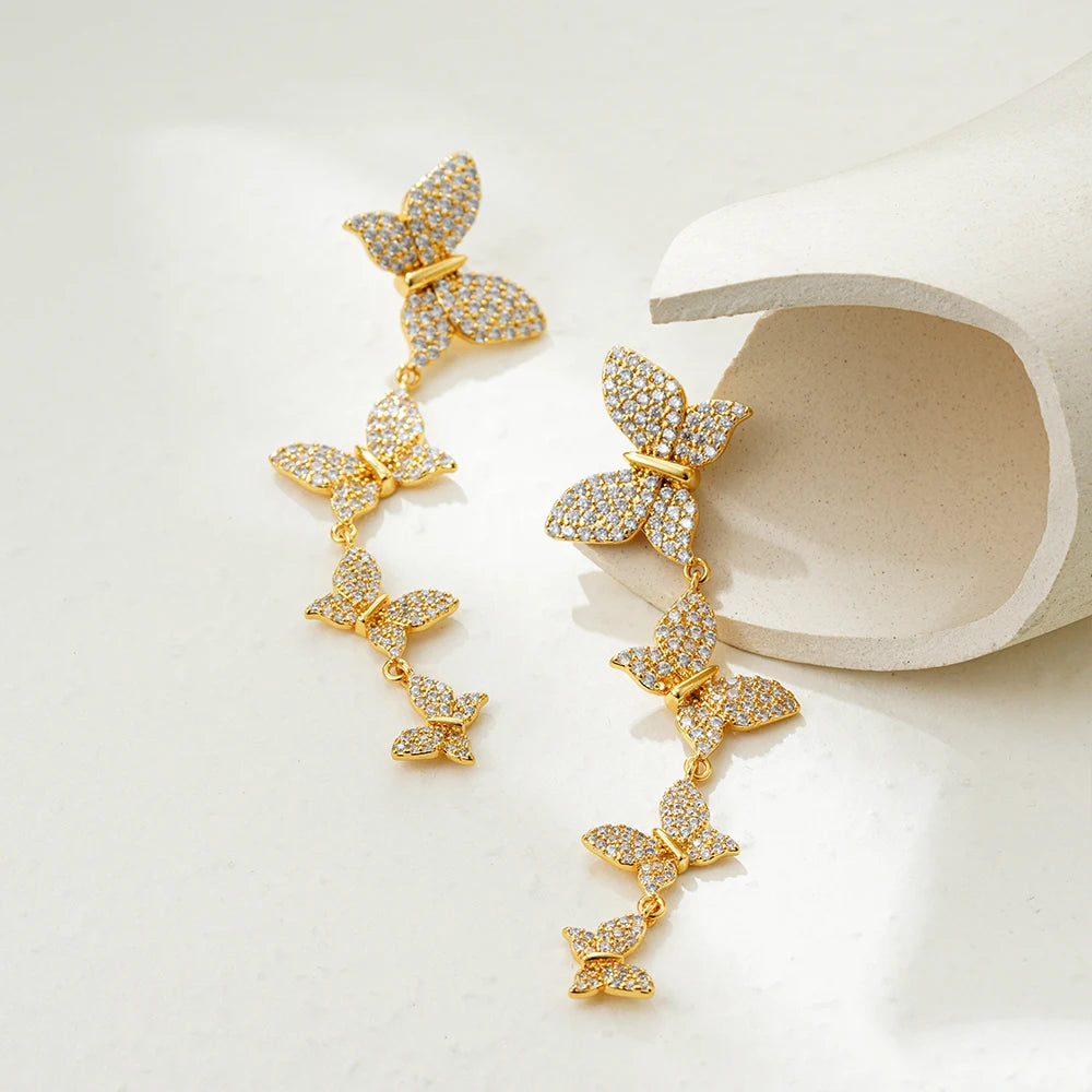 Earring Luxury Cubic Zircon Butterfly Drop Earrings for Women Gold Plated Insect Long Tassel Dangle Earring Engagement Jewelry Gifts