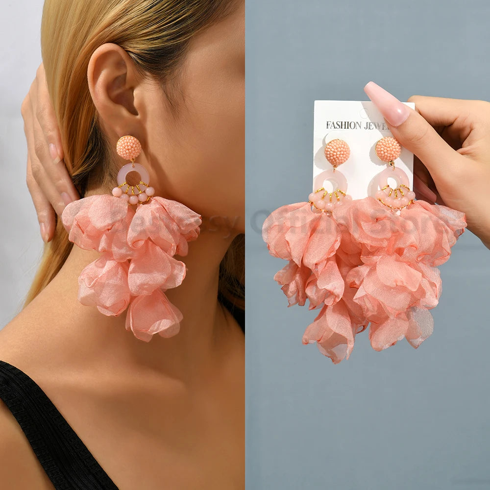 Earring Pink Luxury Crystal Drop Earrings For Women 2023 Trend Flower Petals Feather High Quality Ear Ring Party Romantic Jewelry Gifts