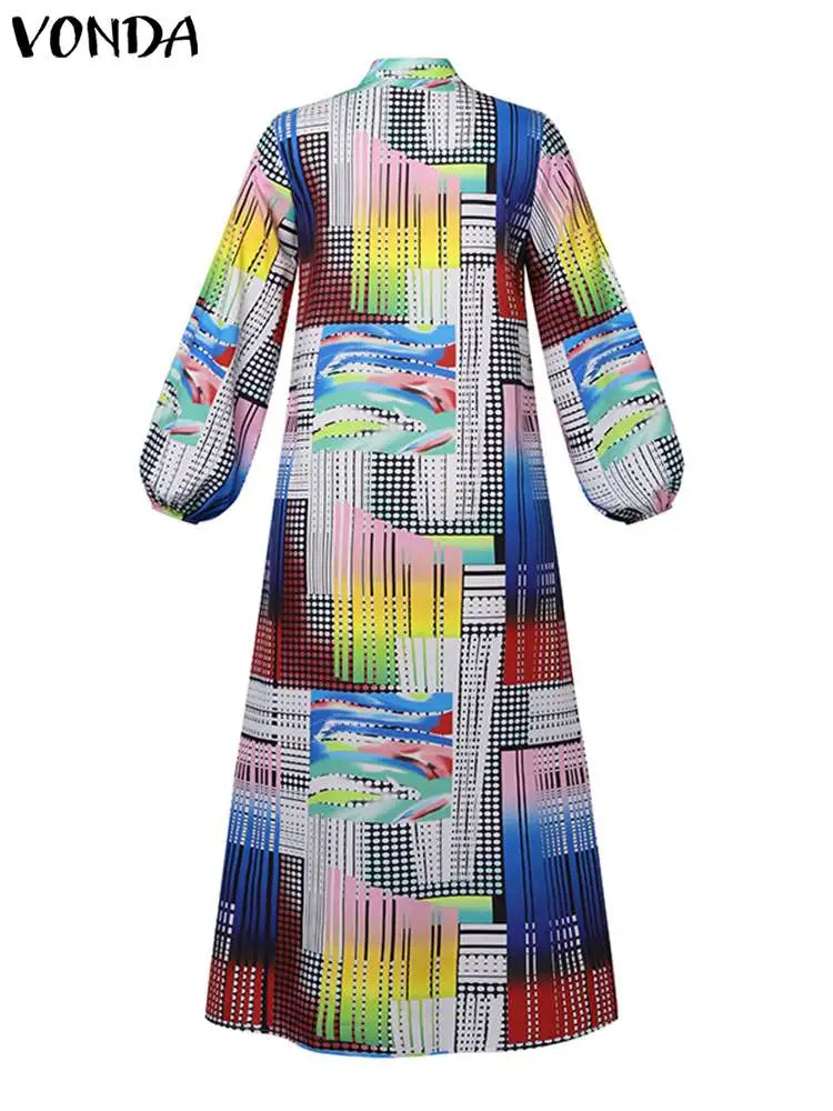 Plus Size Bohemian Printed Dress 2024 Autumn Women Elegant Long Sleeve Vintage Maxi Sundress Casual Buttons Loose Robe 5XL