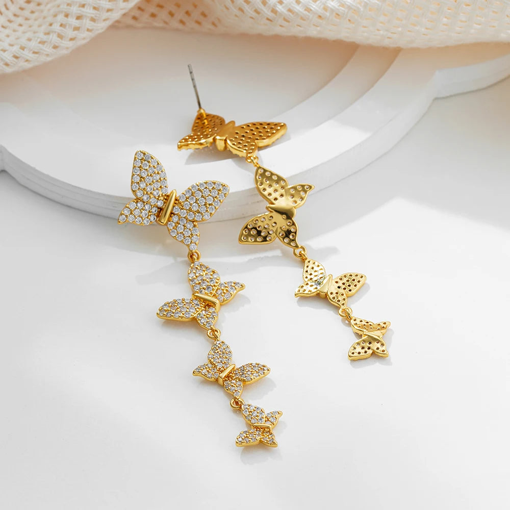Earring Luxury Cubic Zircon Butterfly Drop Earrings for Women Gold Plated Insect Long Tassel Dangle Earring Engagement Jewelry Gifts