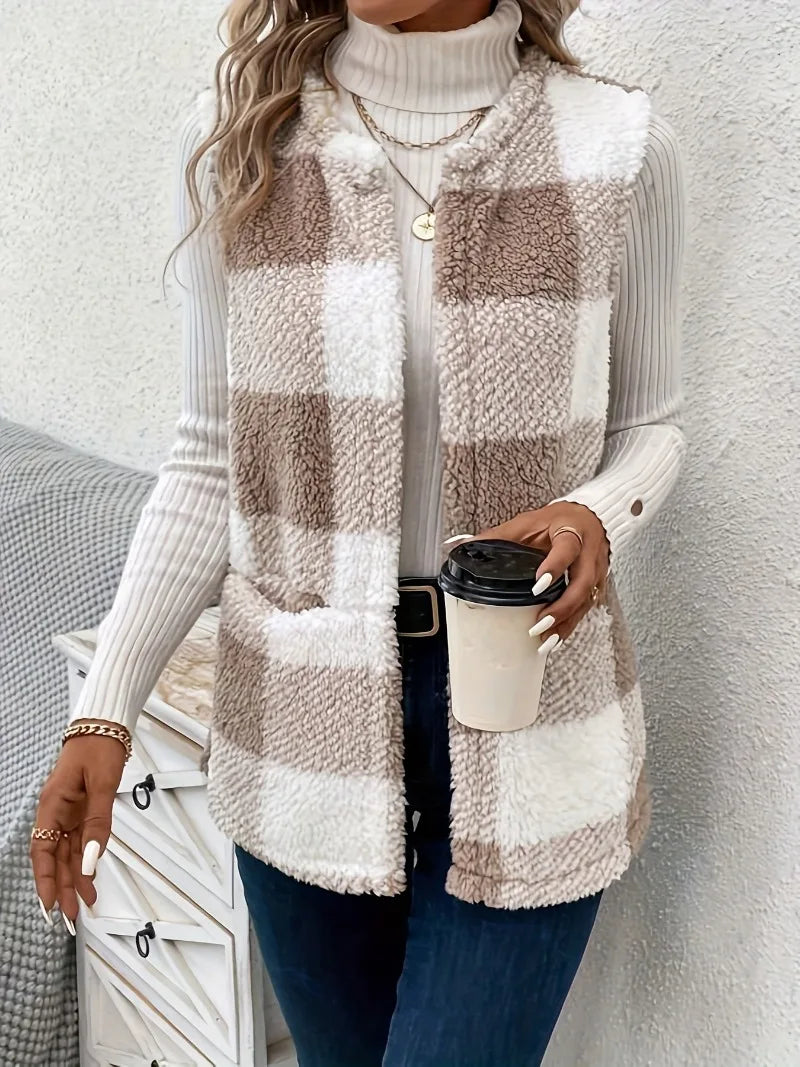 Plus Size 1XL-5XL Casual Jacket Women's Plaid Print Teddy Fleece Open Front Round Neck Vest Jacket