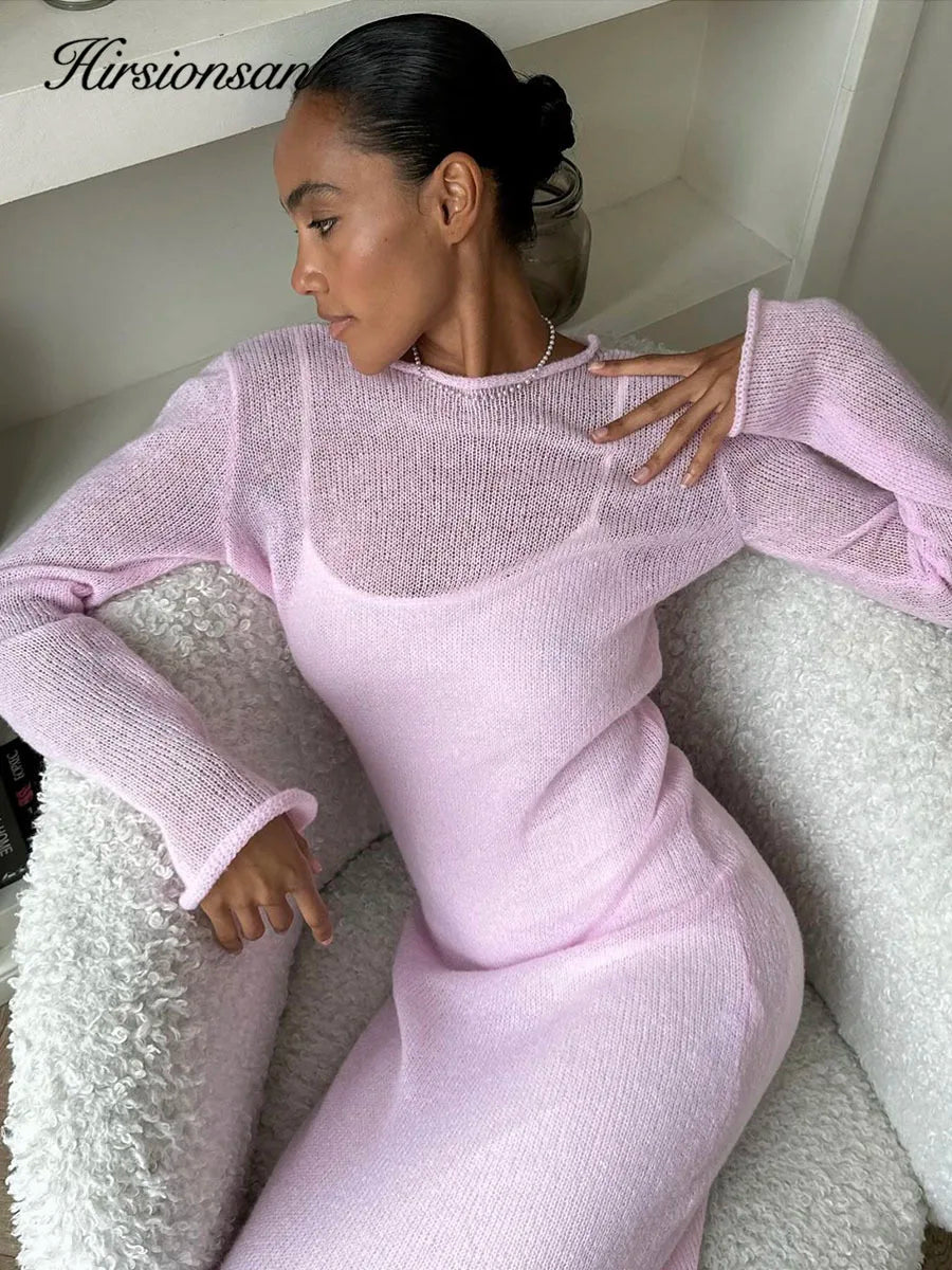 Knitted-Dress Elastic Knit Long Dresses Women Elegant Chic Soft