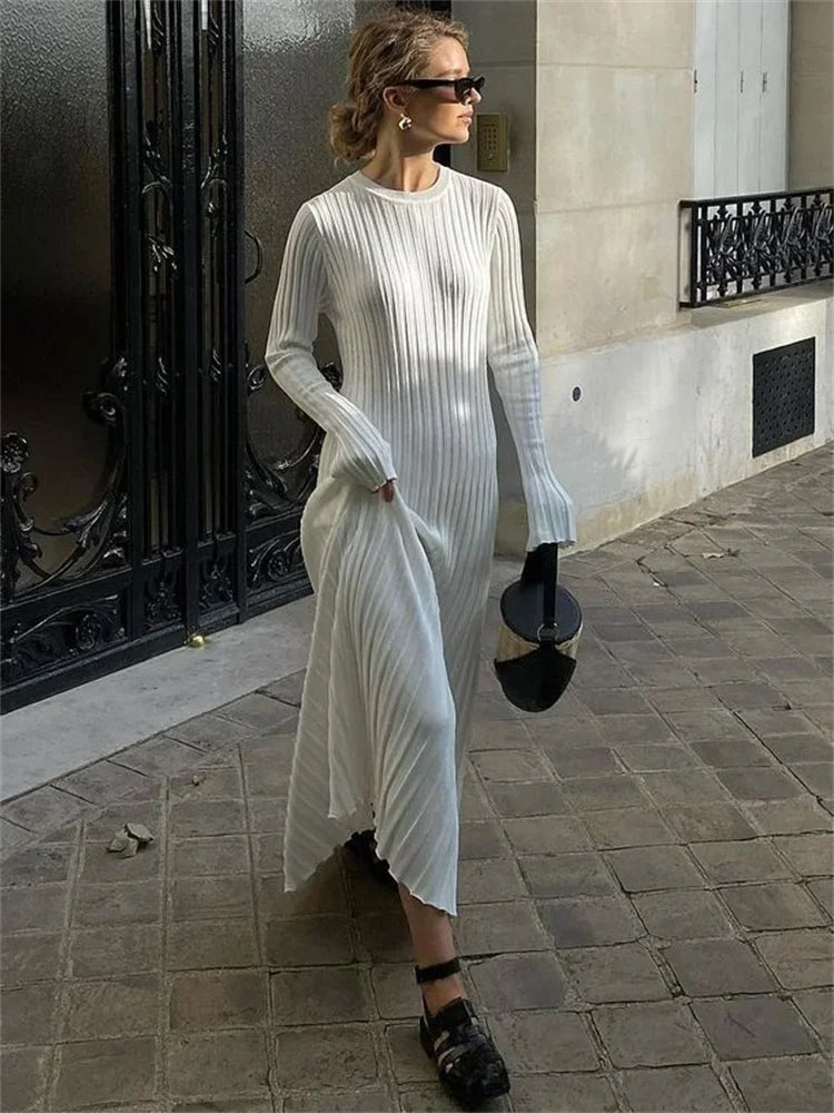 Knitted-Dress Autumn High Waist Fashion Patchwork Long Sleeve Loose Solid Dress