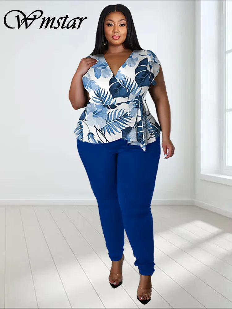 Plus Size Two Piece Outfits Pants Sets Women Summer Clothes Printed Top Solid Leggings Matching Wholesale Dropshipping