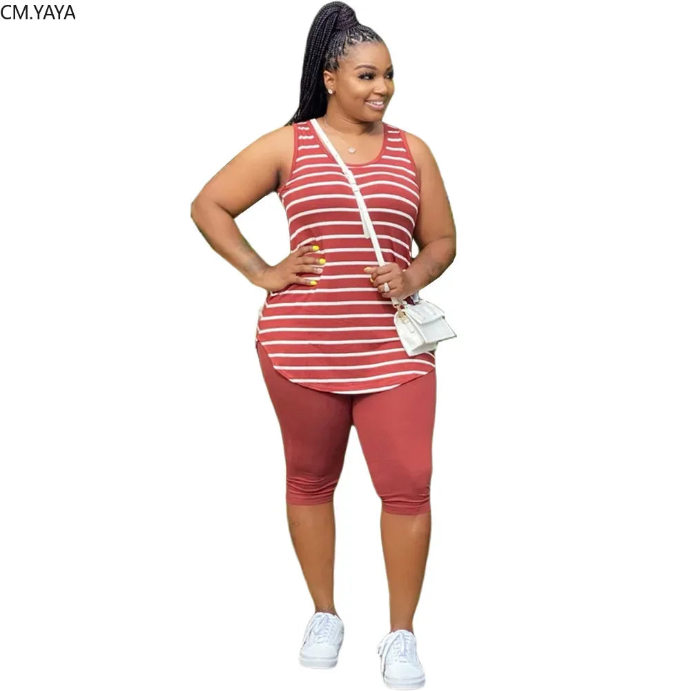 Plus Size XL-5XL Sport two piece set Tracksuit Striped Tank Tops Knee Length jogger Suit Sweatpants Matching Set