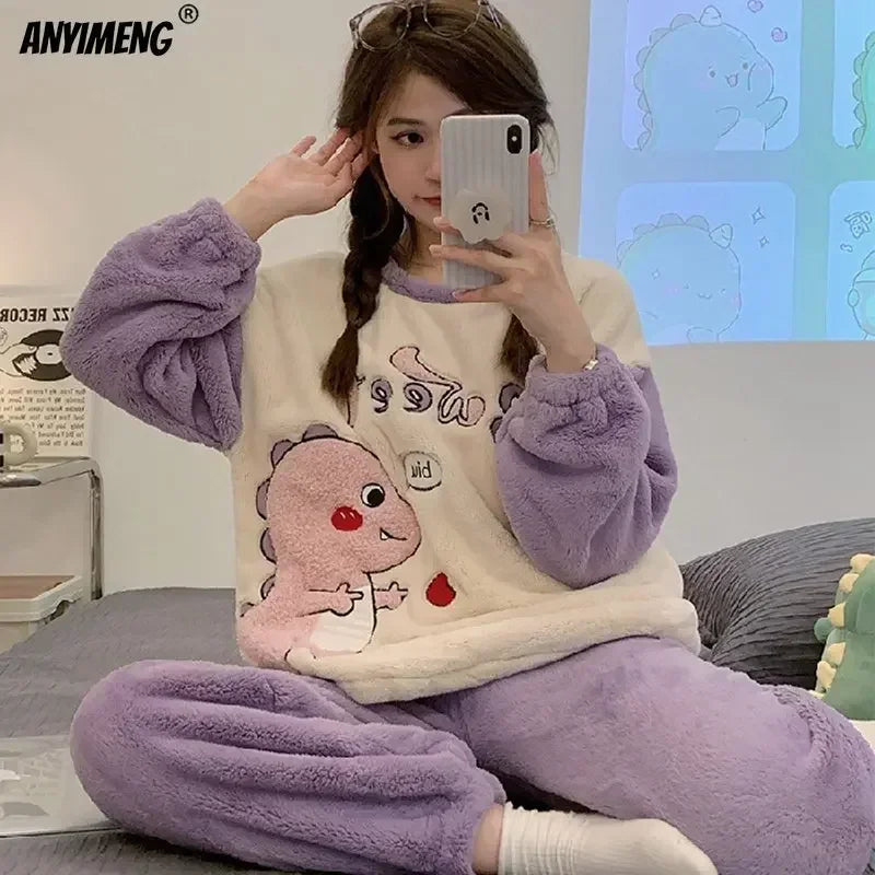 Winter Warm Sleepwear
Winter Cute Duck Flannel Pajamas Set for Women Kawaiii Pattern Teddy Sleepwear for Girl Fashion Pullover Velvet Woman's Pijamas