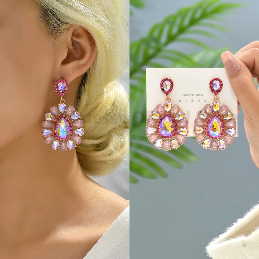 Earring Pink Luxury Crystal Drop Earrings For Women 2023 Trend Flower Petals Feather High Quality Ear Ring Party Romantic Jewelry Gifts