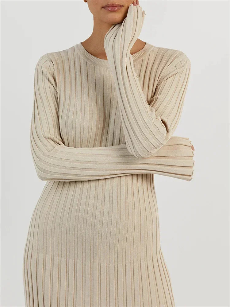 Knitted-Dress Autumn High Waist Fashion Patchwork Long Sleeve Loose Solid Dress