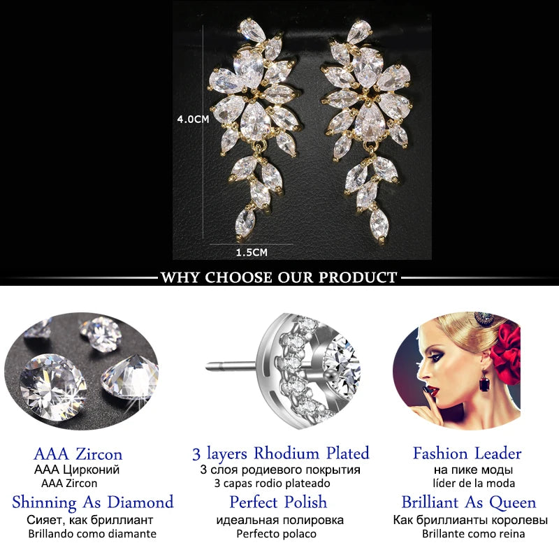 Earring LXOEN Luxury Gorgeous Marquise Cluster Flower Shape Cubic Zirconia Long Dangle Drop Earrings for Brides Wedding Jewelry