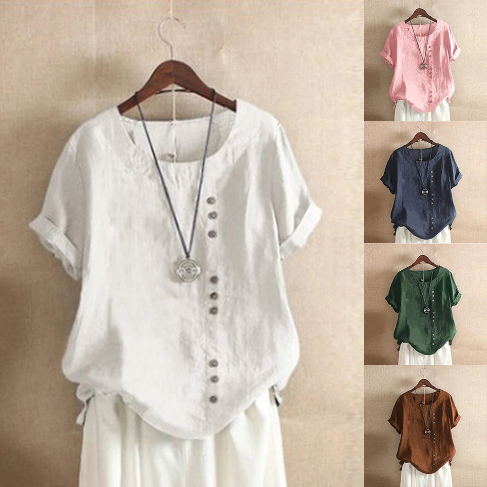 Plus Size Women's Short Sleeve Cotton Linen Beautiful Tunic Blouse Tops Ladies Casual Basic Shirt Plus Size Clothes L-5XL Clothing 2023