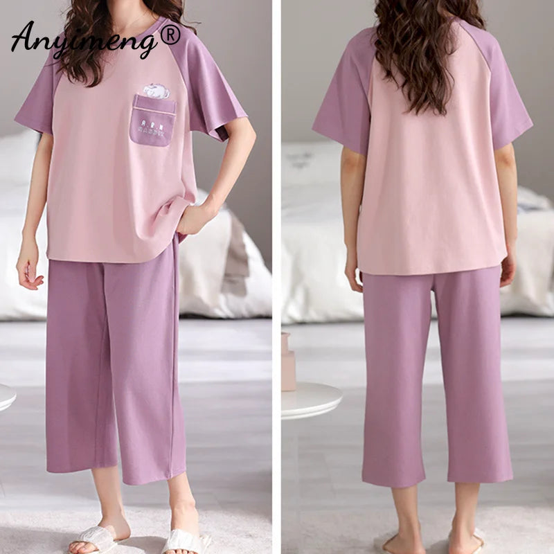 Pajama Sets
Summer Women Plus Size Pajamas M-5XL Knee-length Casual Woman Sleepwear Big Size Ladies Elegant Floral Printing Pyjama Home Suit