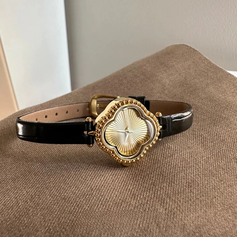 Women Watch Vintage Niche Four-leaf Clover Belt Wristwatch Exquisite Gift for Girls Fashion Luxury Medieval Style