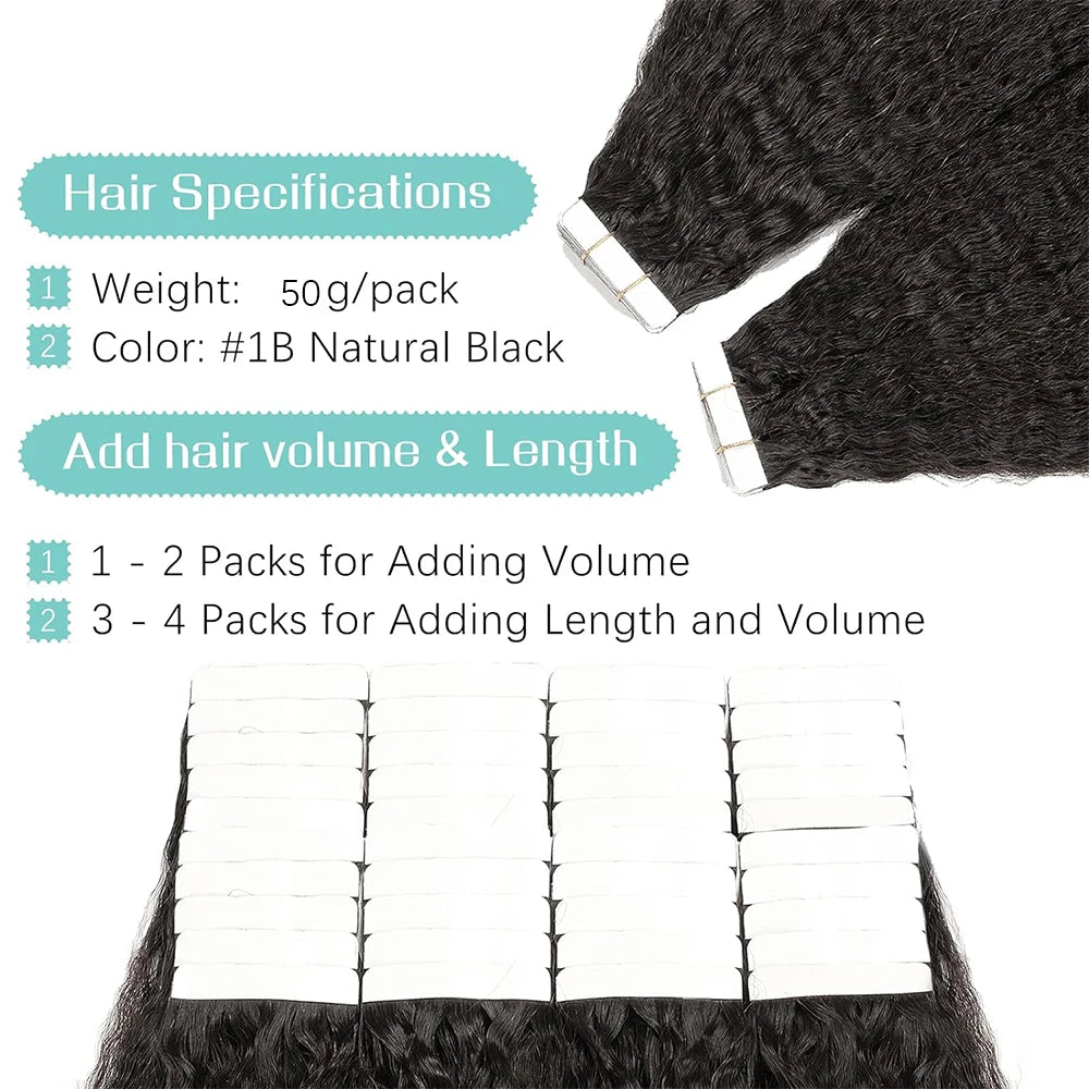 Hair Extensions and Wigs
26 Inches Tape In Hair Extensions Human Hair Kinky Straight Remy Hair 20Pcs 50G Natural Color Real Human Hair Tape In Extensions