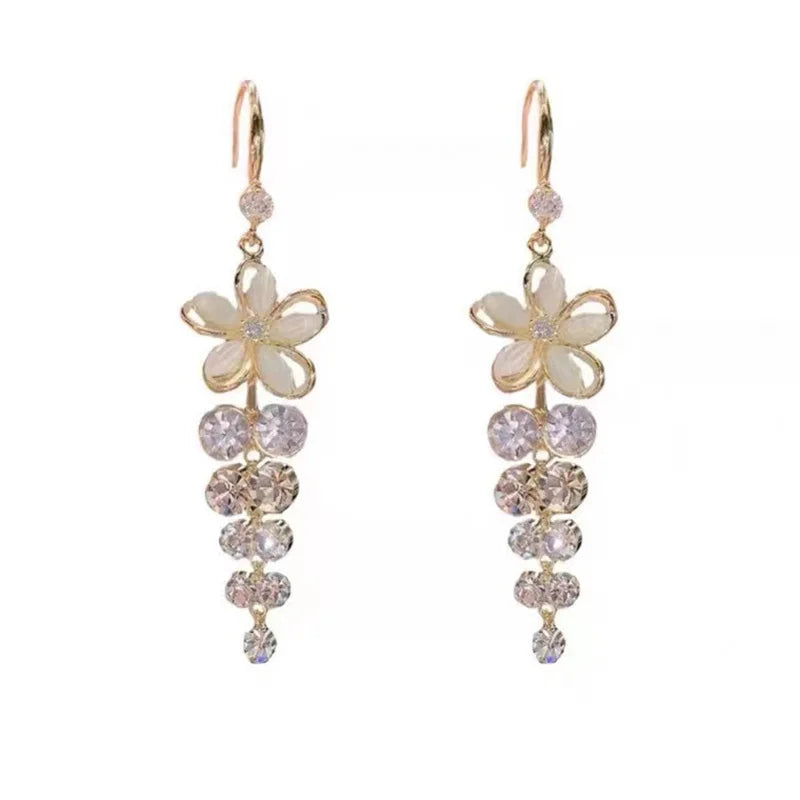 Earring Luxury Crystal Flower Tassel Drop Earrings for Women Shiny Zircon Opal Long Dangle Earrings Girls Party Wedding Jewelry Gift