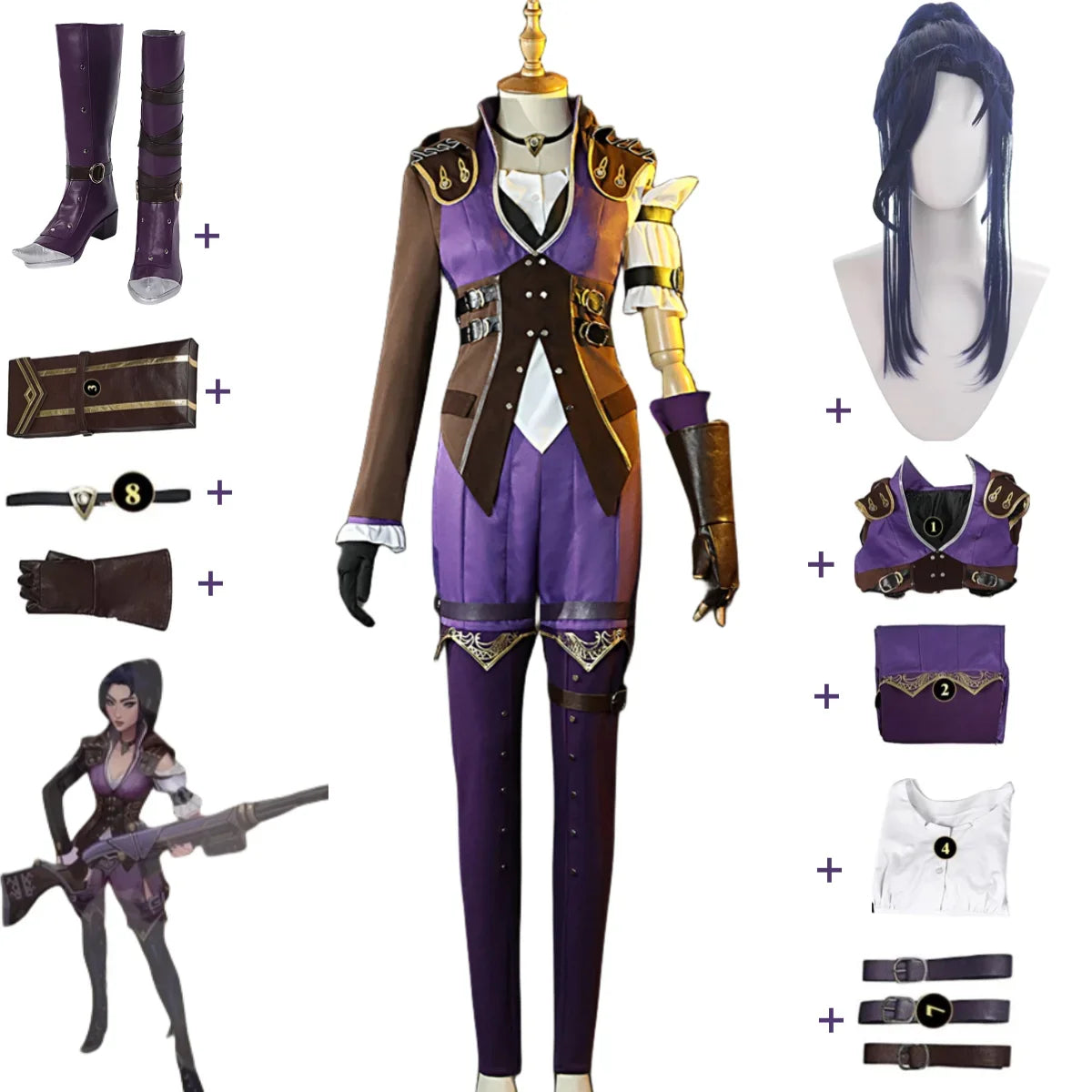 Exotic
Game LOL Caitlyn Kiramman Sheriff of Piltover Cosplay Costume Small Cake Coat Uniform Boot Wig Woman Sexy Carnival Suit