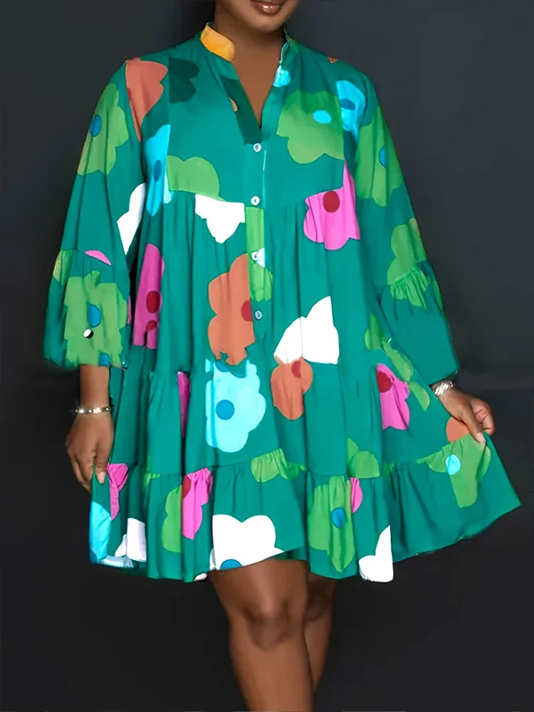 Plus Size 2023 Autumn New Floral Printed Women's Dresses,Casual Loose Button Fashion Streetwear Polyester V-Neck Pleated Dresses