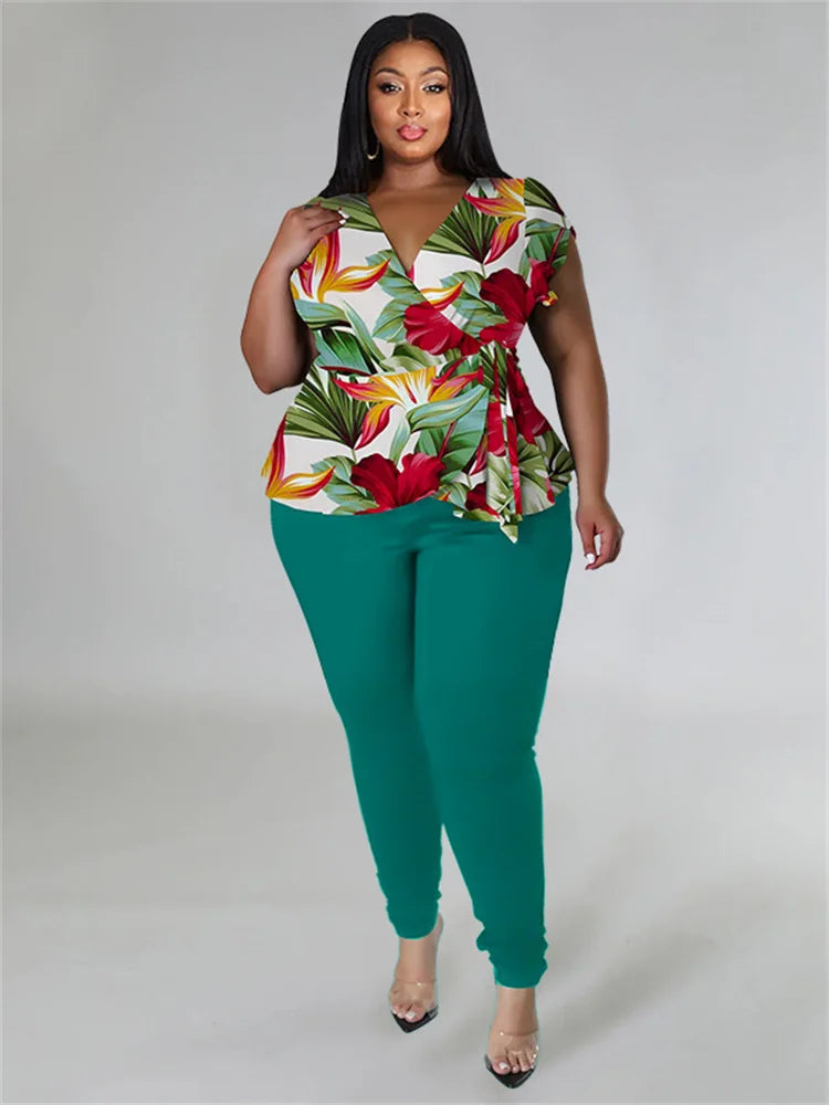 Plus Size Two Piece Outfits Pants Sets Women Summer Clothes Printed Top Solid Leggings Matching Wholesale Dropshipping