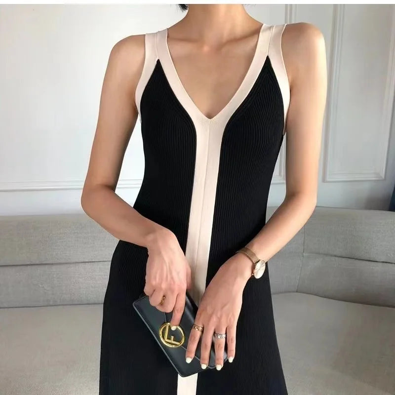 Knitted-Dress V-neck Maxi Dress Sexy Sling Sleeveless Dresses