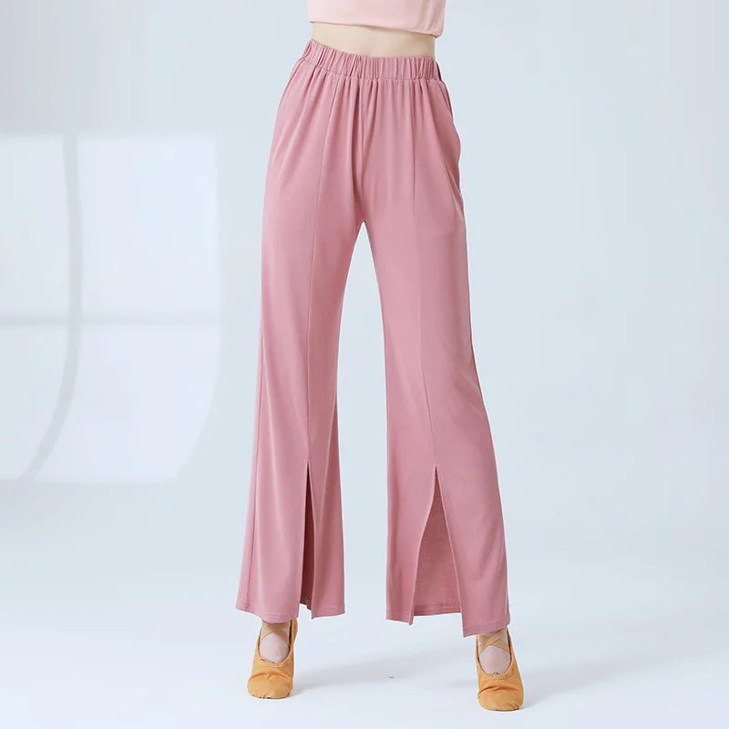 Exotic
Wholesale Adult Dance Pants A Line Straight Copper Ammonia Silk Trousers Front Split Sexy Stage Clothes Women Classical Dancing