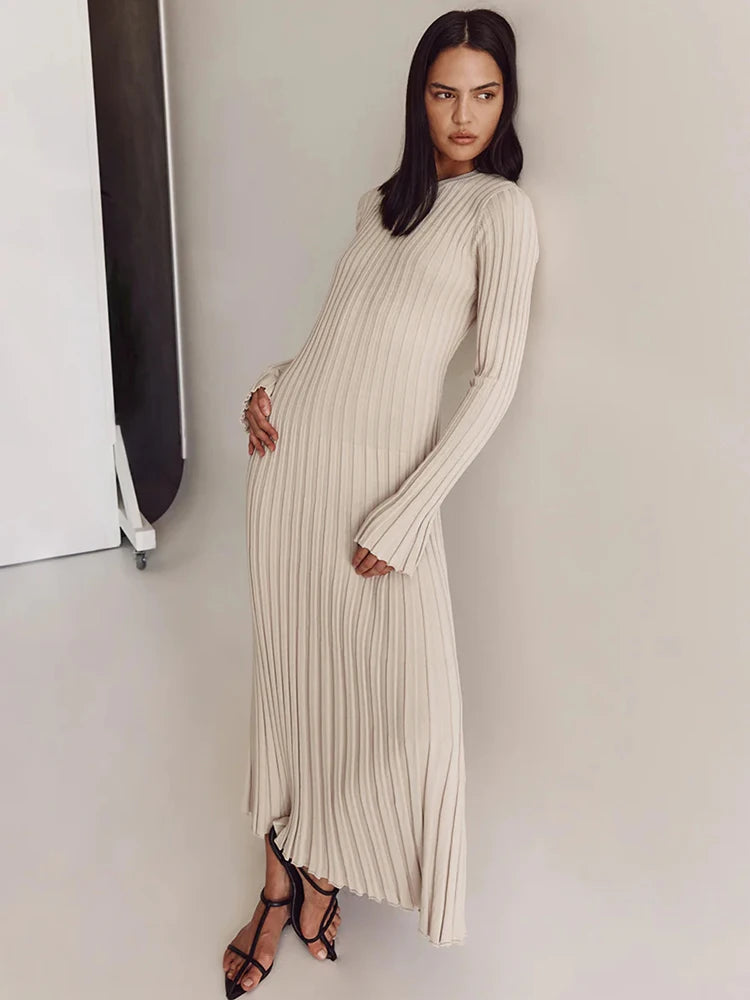 Knitted-Dress Autumn High Waist Fashion Patchwork Long Sleeve Loose Solid Dress