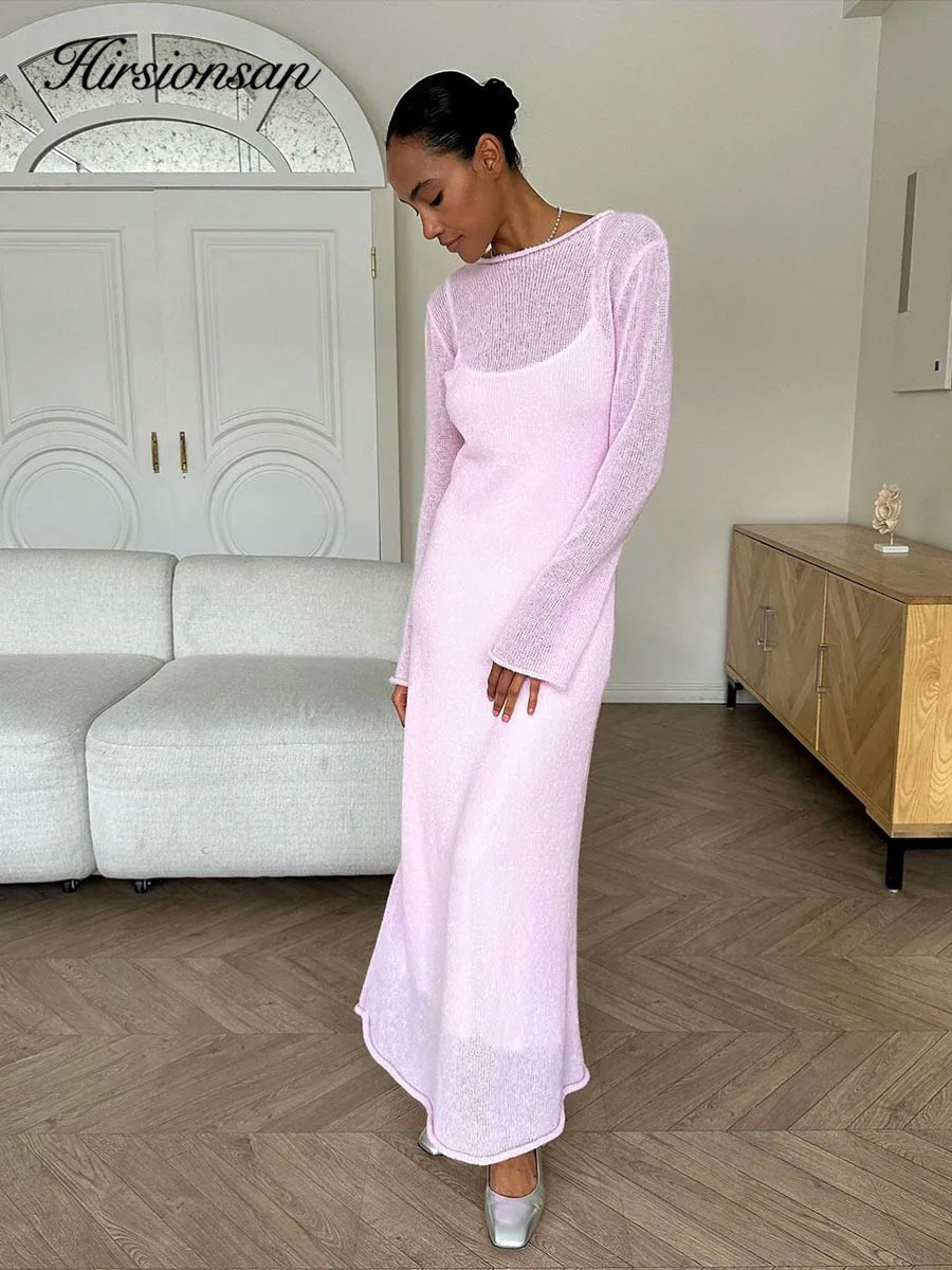 Knitted-Dress Elastic Knit Long Dresses Women Elegant Chic Soft