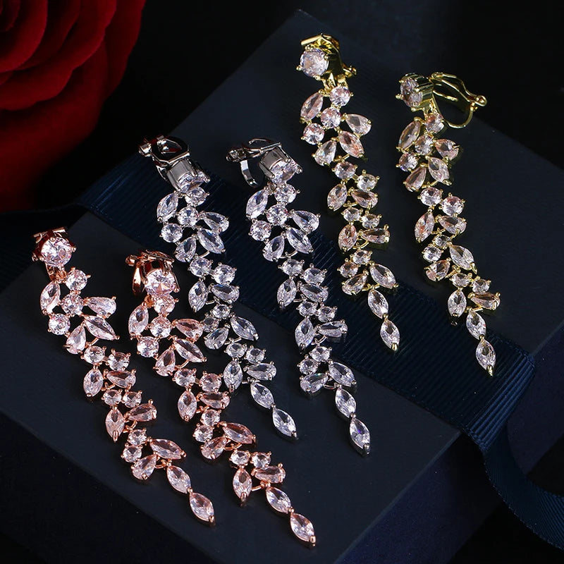 Earring Luxury Zirconia Crystal Long Leaf Drop Dangle Clip on Earrings for Women Bridal Wedding Party Without Piercing Earrings Jewelry