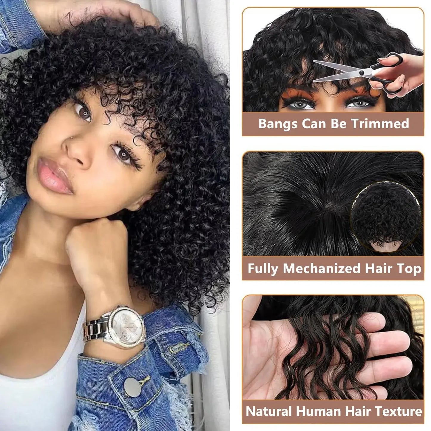 Hair Extensions and Wigs
Jerry Curly Wig With Bangs 10A Brazilian Virgin Human Hair Glueless None Lace Front Wig Kinky Curly Human Hair For Black Women