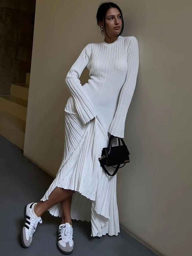 Knitted-Dress Autumn High Waist Fashion Patchwork Long Sleeve Loose Solid Dress
